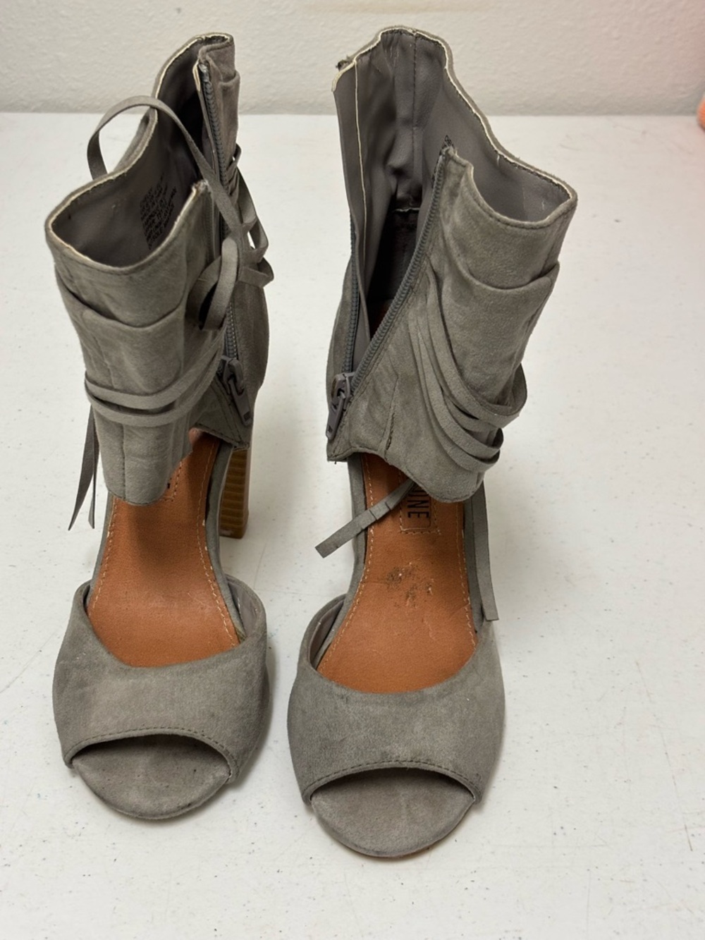 Leila Stone Taupe Suede Open-Toe Ankle Wrap Heels